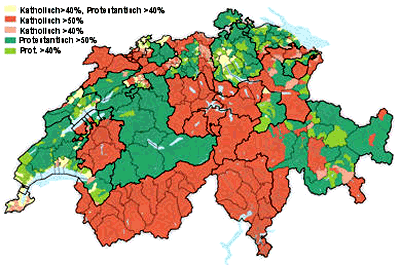 Die hauptsächlichsten Religionen der Schweiz und ihre Verbreitung