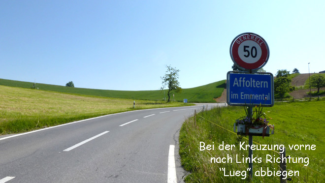 Hasle b. Burgdorf, Start deiner Rundfahrt. Fahre auf der Hauptstrasse bis Affoltern i.E. Biege nach links Tichtung Lueg ab
