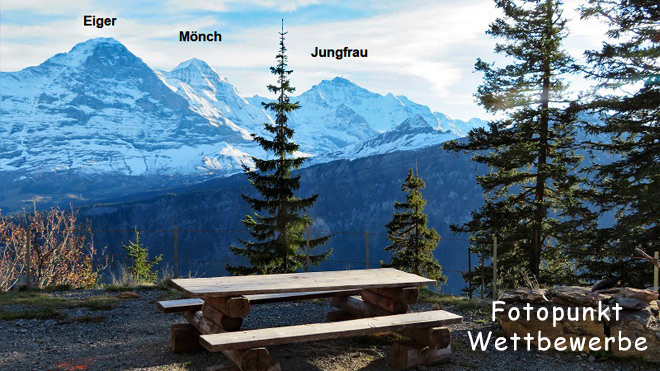 Welch ein Anblick! Das Dreigestirn der Alpen. Eiger, Mönch und Jungfrau, da kannst du dich wirklich auf der Bank ausruhen, Fotounkt Wettbewerbe