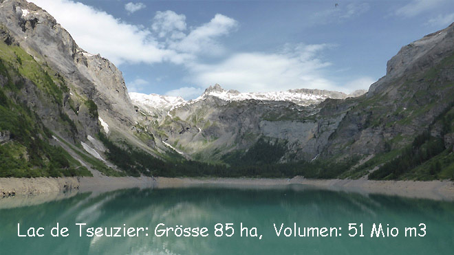 Lac de Tseuzier: 85 ha gross, Stauvolumen 51 Mio m3