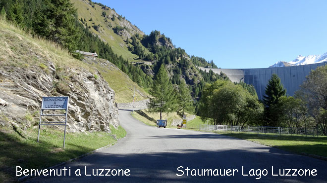 Benvenuti a Luzzone, Blick hinauf zur Staumauer des Lago Luzzone